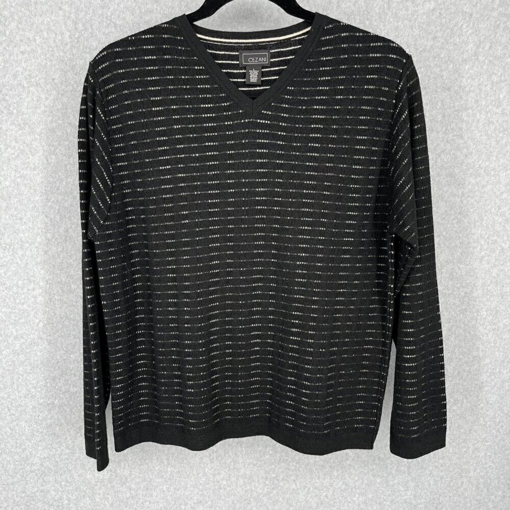 Cezani Mens V Neck Long Sleeve Knit Sweater Size L Black Tan Wool Neutral EUC